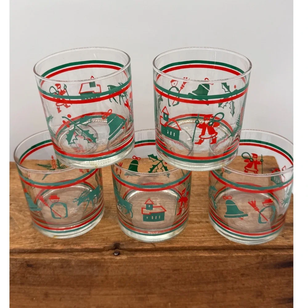Vintage Nadir Figueiredo Brazil Christmas Rocks Glasses Set of 5 Moose Santa Red